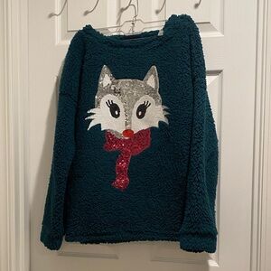 Green Fuzzy Sweater with Sequin Fox Design